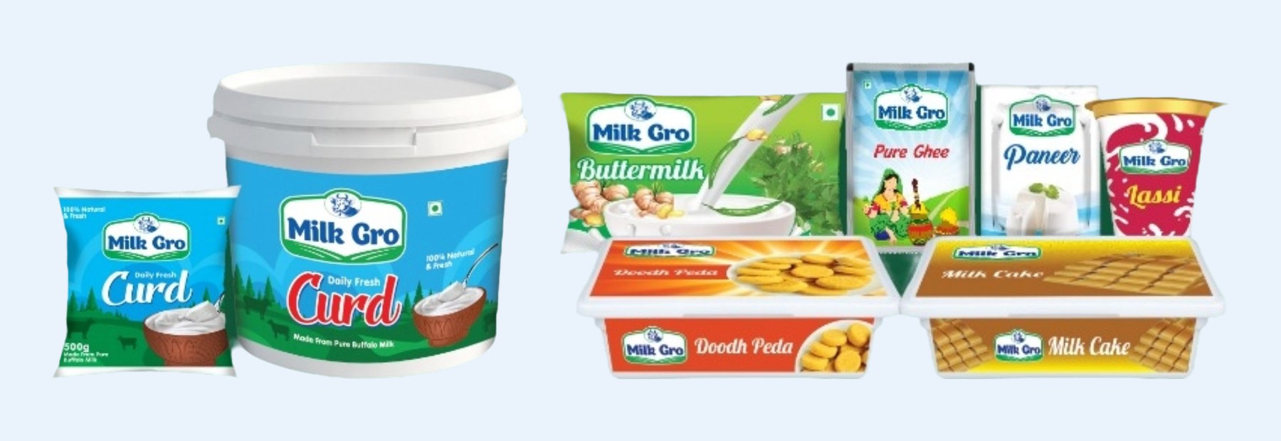 Milk Gro curd, buttermilk, ghee, paneer, lassi, doodh peda and milk cake